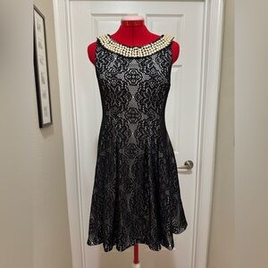 Betsey Johnson Black Lace Midi Dress with Pearl Accents, sz 10